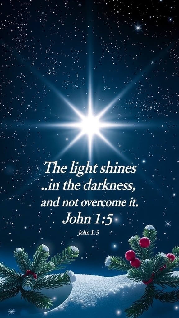 Inspirational Christmas Wallpaper Featuring John 1:5 Inspirational Christmas wallpaper with John 1:5 text, featuring a starry night and winter decorations.